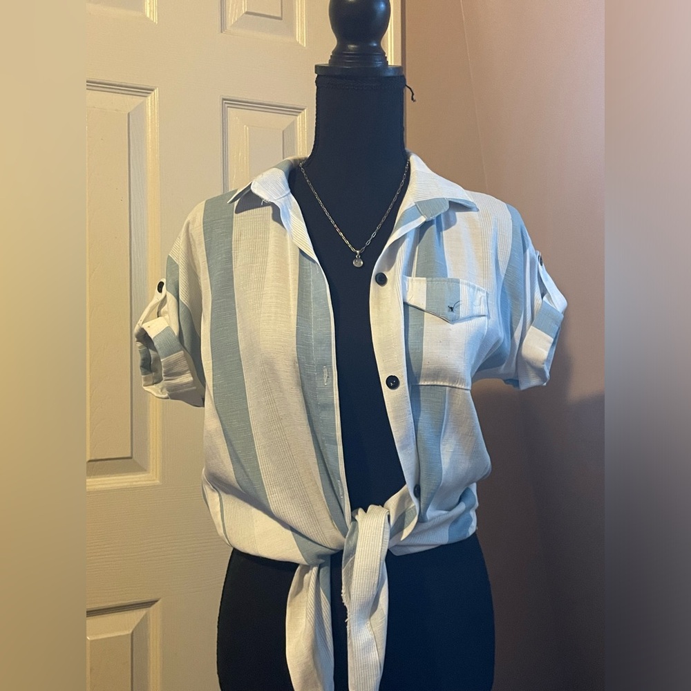 Light Blue and White Striped Tie-Front Button Shirt